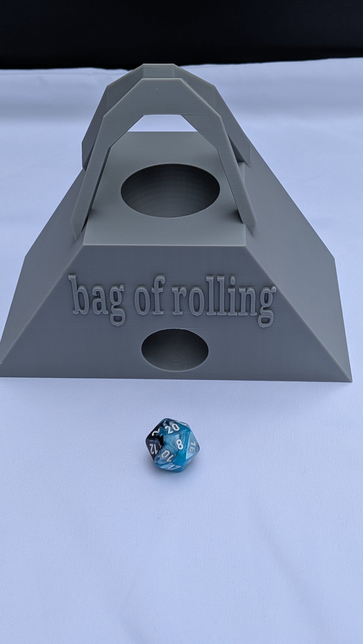 Bag of Rolling dice tower made to look like a bag of holding