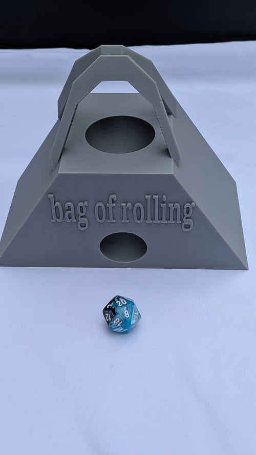 Bag of Rolling dice tower made to look like a bag of holding